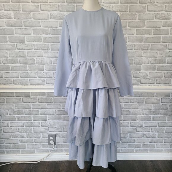 Boutique Sky Blue Ruffle Tiered Maxi Dress Long Sleeve Modest NEW XL Feminine - Picture 1 of 8